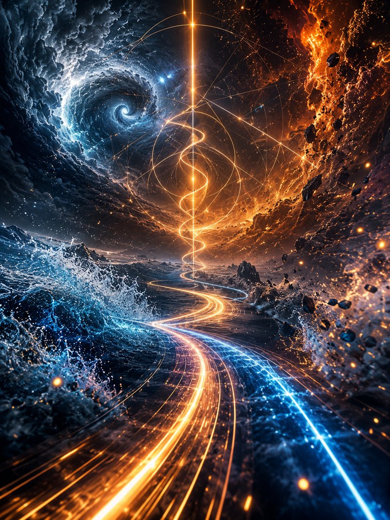 A conceptual image of mathematical symbols forming stable paths through physical phenomena