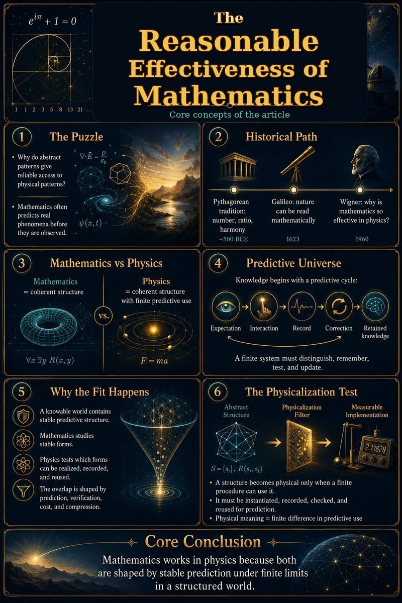 Infographic showing mathematics as abstract predictive structure and physics as finite testable realization