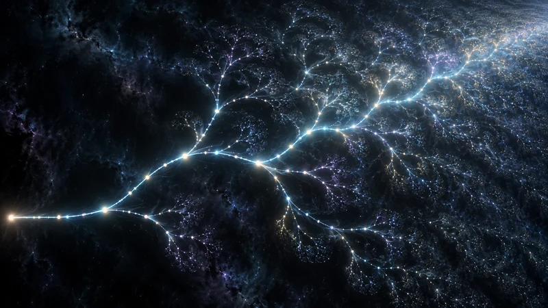 A luminous branching structure grows from a sparse beginning into a dense field of repeated forms. Conceptual illustration.