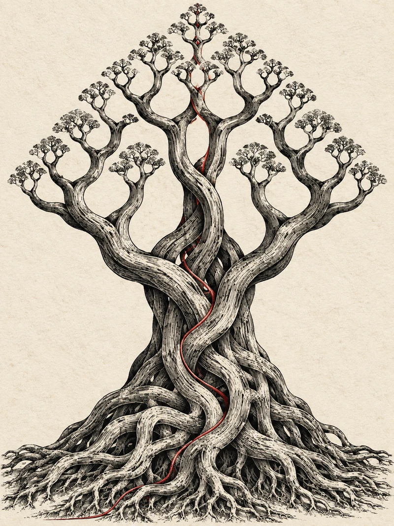 A black woodcut-style tree divides into repeating branches on ivory paper, with a thin red thread running through its interwoven trunk and roots.