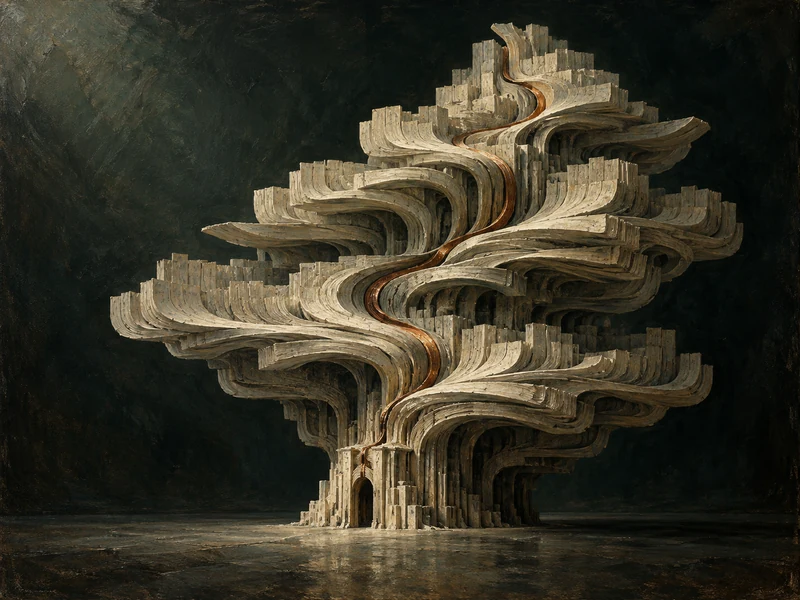 An oil painting of an immense ivory archive whose layered shelves curl outward around a winding copper seam against a dark green background.
