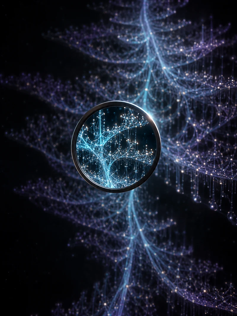 A small circular aperture reveals a sharply focused portion of an enormous luminous branching archive.
