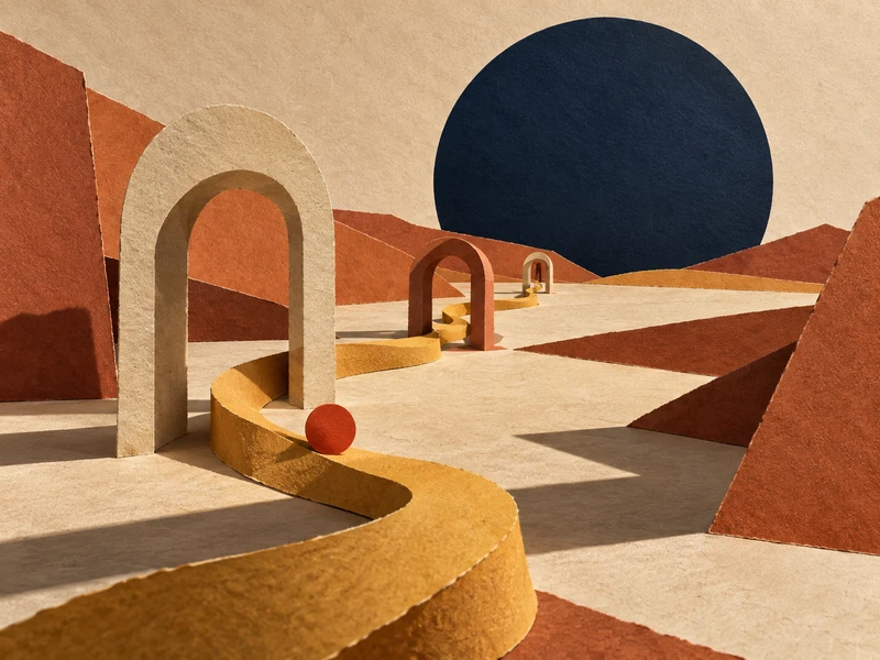 An ochre paper ribbon winds through terracotta archways toward a dark blue circle on the horizon. A red disc rests on the visible path.